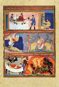 Lazarus and Dives, illumination from the Codex Aureus of Echternach