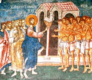 Jesus healing the 10 lepers. Ancient icon.