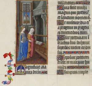 Facsimile of a Renaissance illumination of Mary, with text in Latin from the Magnificat, from “Les Très Riches Heures du duc de Berry”
