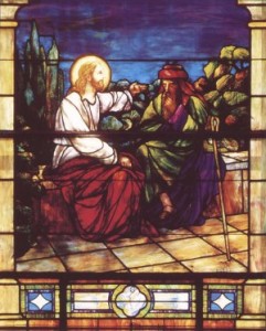 Stained glass showing Nicodemus visiting Jesus at night.