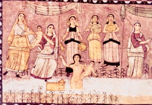 Moses found by Pharaoh's daughter. Fresco at the ancient synagogue of Dura Europos in Syria, circa 200 CE. 