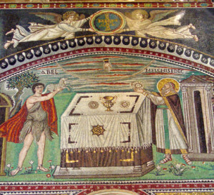 Abel and Melchizedek Sacrificing. Mosaic, 521-547, Basilica di S. Vitale (Ravenna, Italy)