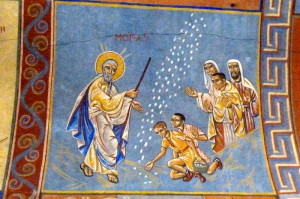 A Byzantine style fresco of Moses and the manna in the church of St. Anne in Châtel-Guyon, France.