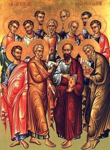 James and John stand alongside Jesus in this Orthodox icon of Jesus and the 12 apostles.