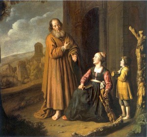 Elijah and the widow of Zarephath, oil painting by Jan Victors (1619–1676).