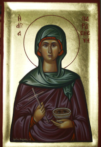 An ancient Greek Orthodox icon of St. Lydia, wearing purple robes.