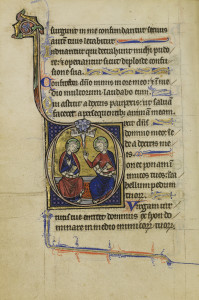 The Trinity in an illuminated initial D in a 13th Century French manuscript, the Wenceslaus Psalter.