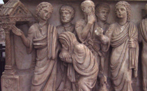 Jesus healing the bent woman. On the "Two Brothers Sarcophagus," mid-4th century, Vatican Museum.