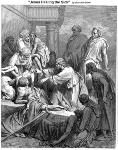 Jesus healing in the land of Gennesaret, by Gustave Doré (1832-1883). Engraving in The Holy Scriptures, Old and New Testaments, published in 1885, Stuttgart-Germany. 