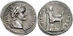 A denarius with the image of the Roman Emperor Tiberius. 