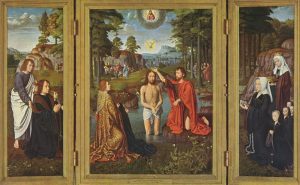 The Baptism of Christ, with donors and their patron saints 